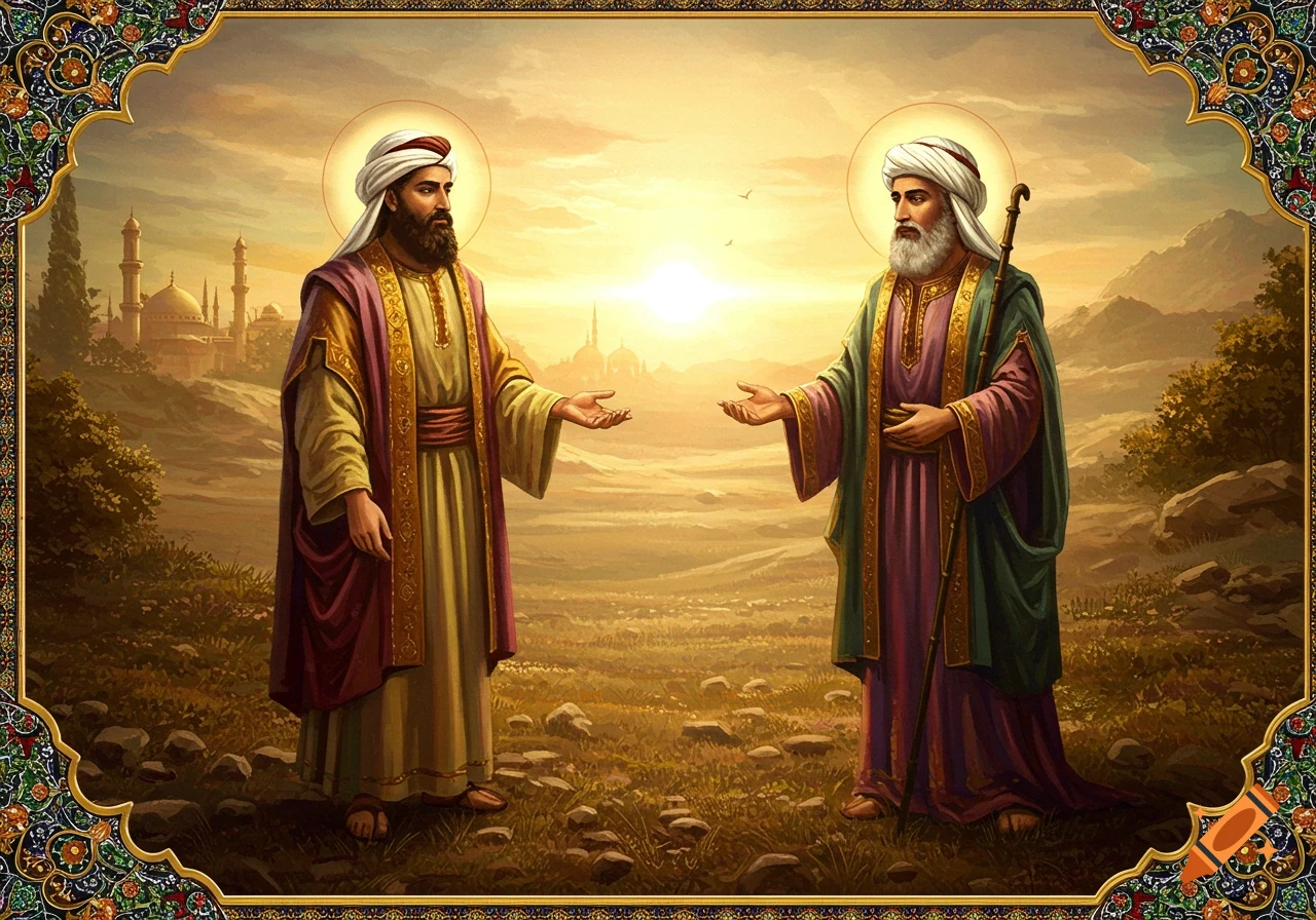 Two figures in robes and turbans stand in a desert landscape with mosques in the distance, framed by an ornate border.