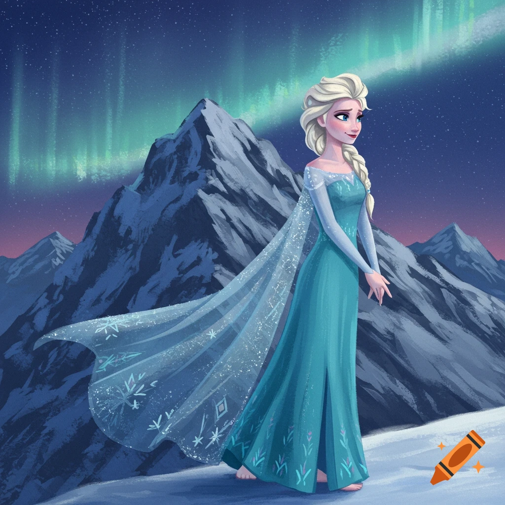 Illustration of Elsa standing in a snowy mountain landscape with aurora borealis.