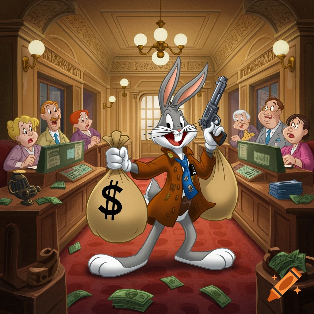 Cartoon of Bugs Bunny robbing a bank, holding money bags and a gun, with shocked tellers looking on.