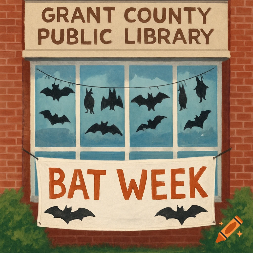 Painting of the Grant County Public Library decorated for Bat Week with a banner and window cutouts.
