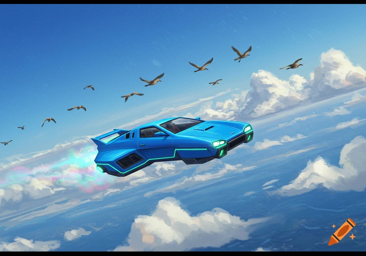 A blue futuristic flying car zooms through a blue sky with birds.