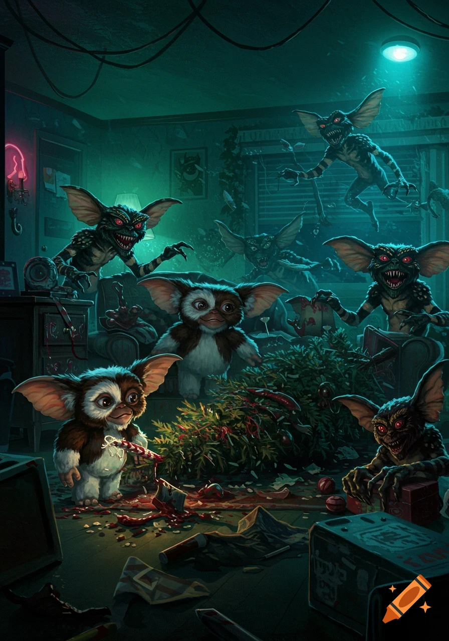 Gizmo and several Gremlins cause chaos around a destroyed Christmas tree in a dark room.