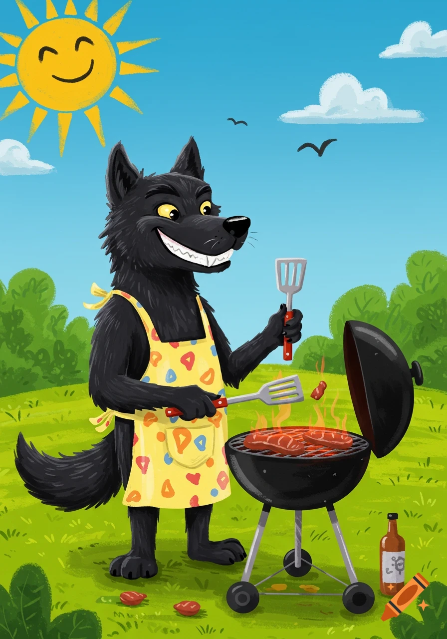 A cartoon black wolf in an apron grills sausages on a barbecue under a smiling sun.