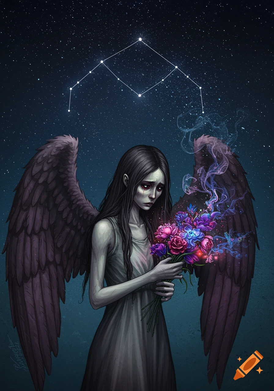 A sad fallen angel with dark wings holds glowing flowers under a starry night sky with a constellation.