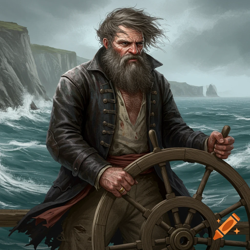 A weathered pirate with a long beard steers a ship's wheel on a stormy sea near cliffs.