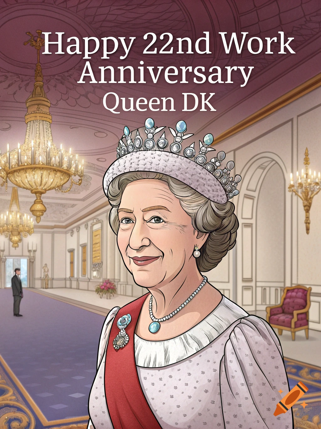Illustration of a woman resembling Queen Elizabeth in tiara and formal wear in a grand hall with text Happy 22nd Work Anniversary Queen DK