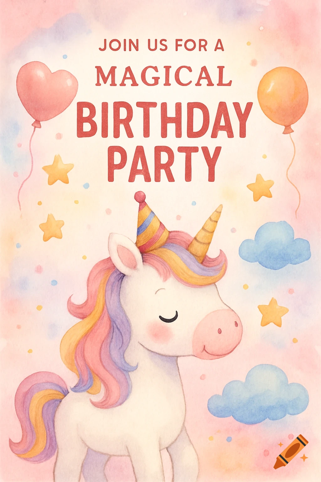 Watercolor illustration of a unicorn with party hat, balloons, stars, and text for a birthday party invitation.