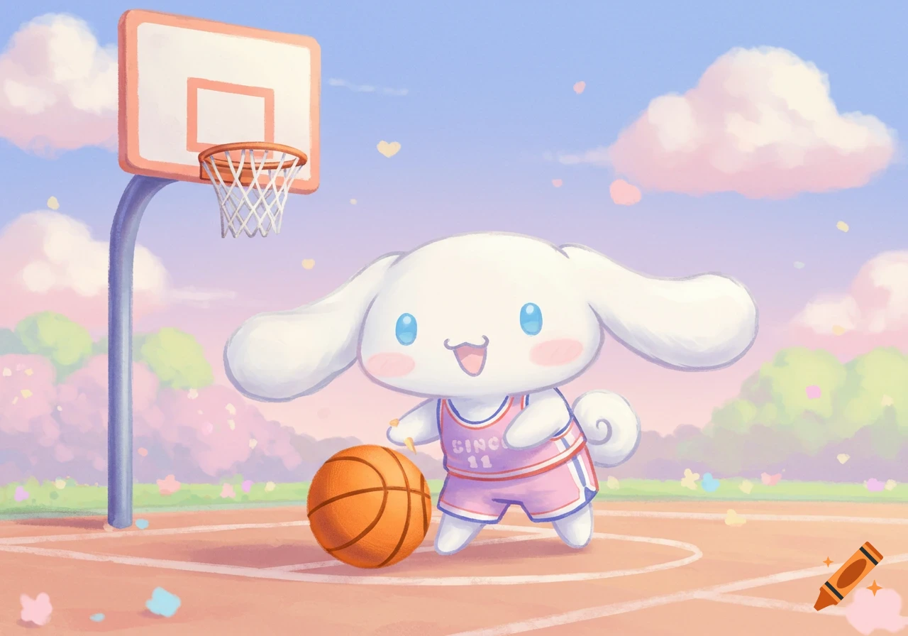 Cute cartoon dog character Cinnamoroll plays basketball on an outdoor court under a pastel sky.
