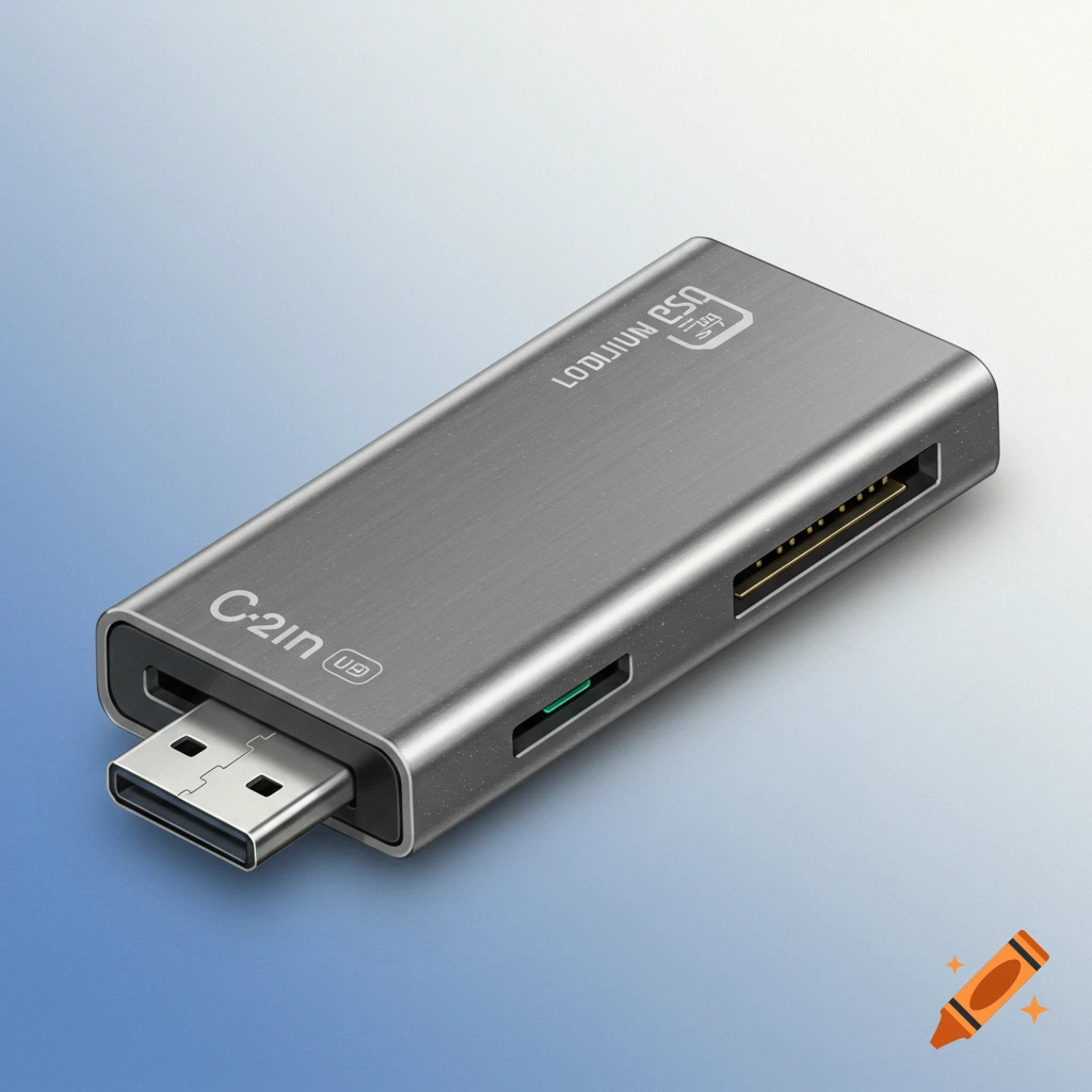 Close-up studio shot of a grey USB-A and memory card reader.