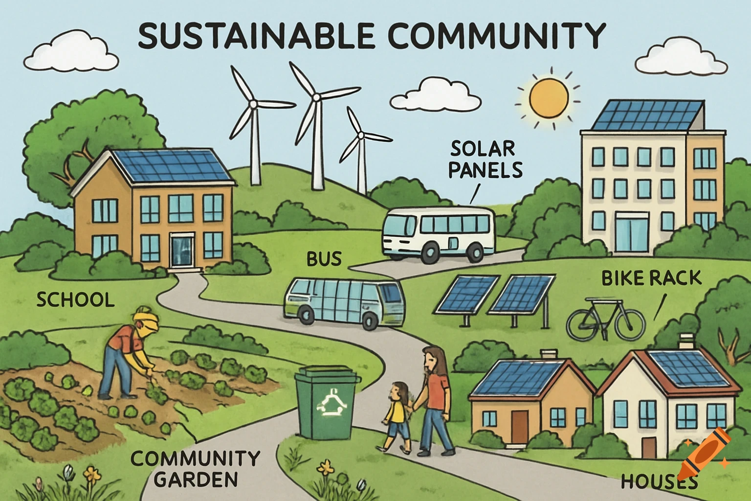 Cartoon illustration of a sustainable community with labeled school, houses, garden, buses, solar panels, wind turbines, and bike rack.