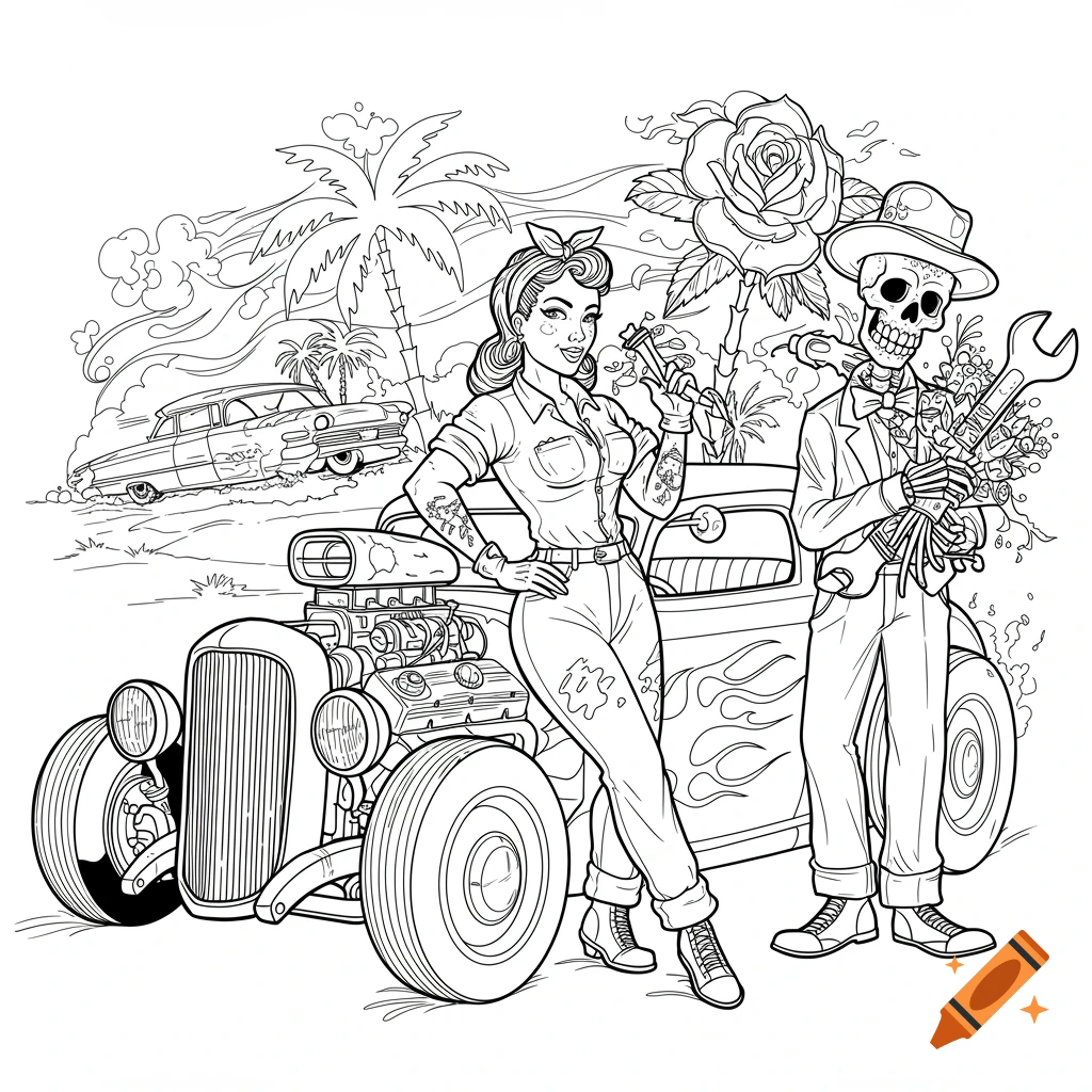Black and white line art of a pinup mechanic and a skeleton posing with hot rods and palm trees.