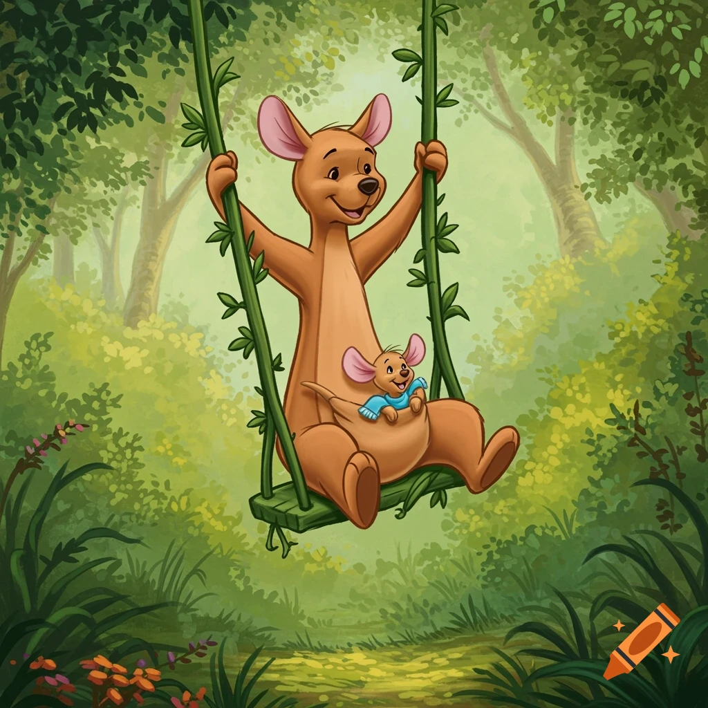 Cartoon illustration of Kanga and Roo from Winnie the Pooh swinging on a vine in a forest.