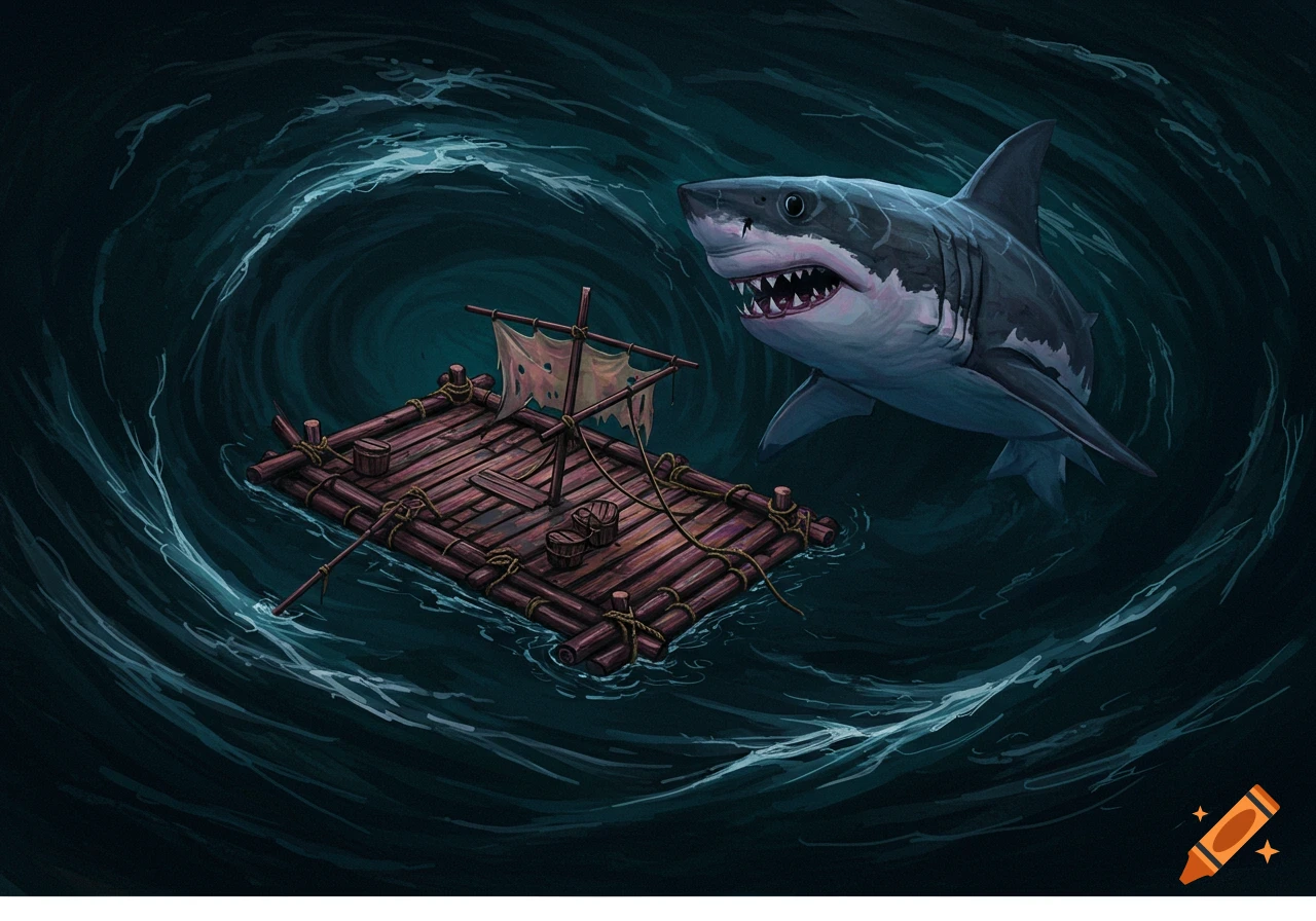 A stylized illustration of a shark circling a wooden raft in dark water.