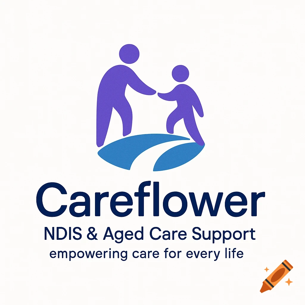 Logo for Careflower. Stylized purple figures on a blue path above the words 'Careflower', 'NDIS & Aged Care Support', and 'empowering care for every life'.
