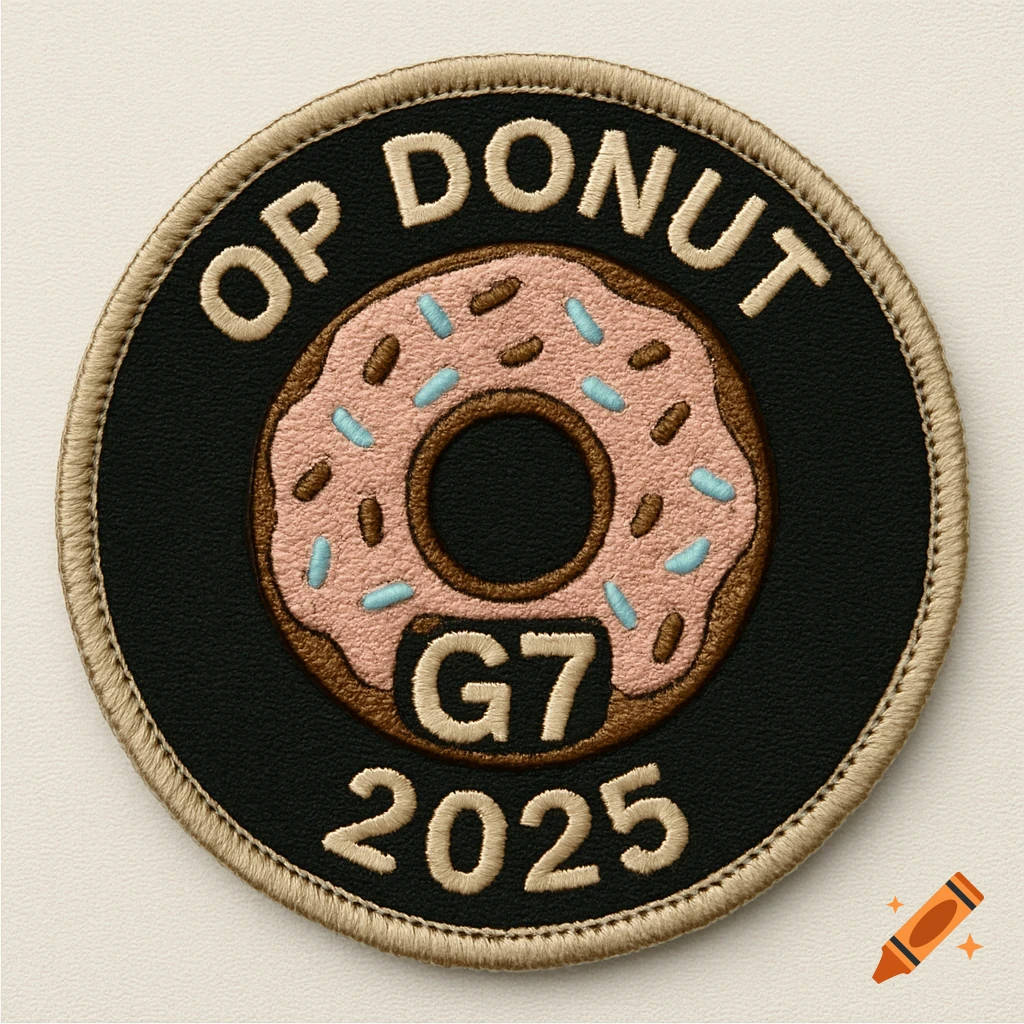 Embroidered patch with a donut and text 'OP DONUT G7 2025'.
