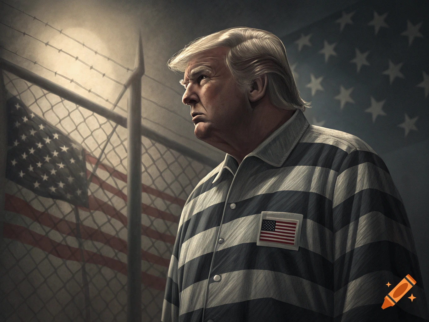 Illustration of Donald Trump in a prison suit with American flags behind him.