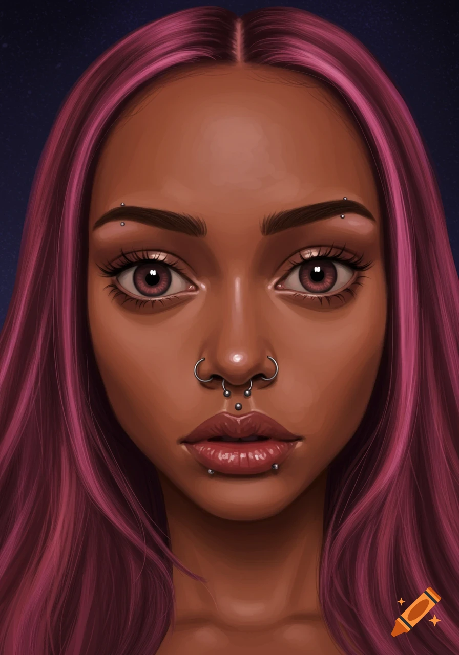 Close-up digital painting of a person with pink hair and facial piercings.