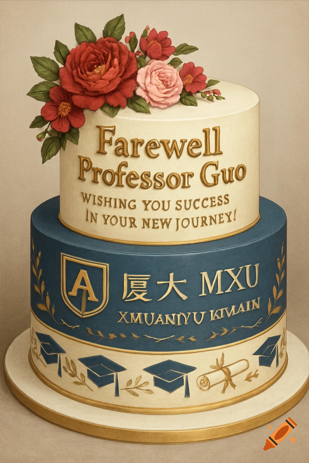 A two-tier academic farewell cake with red flowers and text