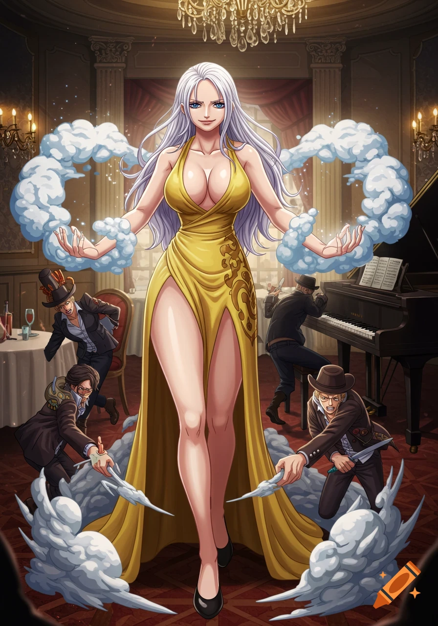 Anime style illustration of a woman in a gold dress using cloud magic to restrain bandits in a restaurant.