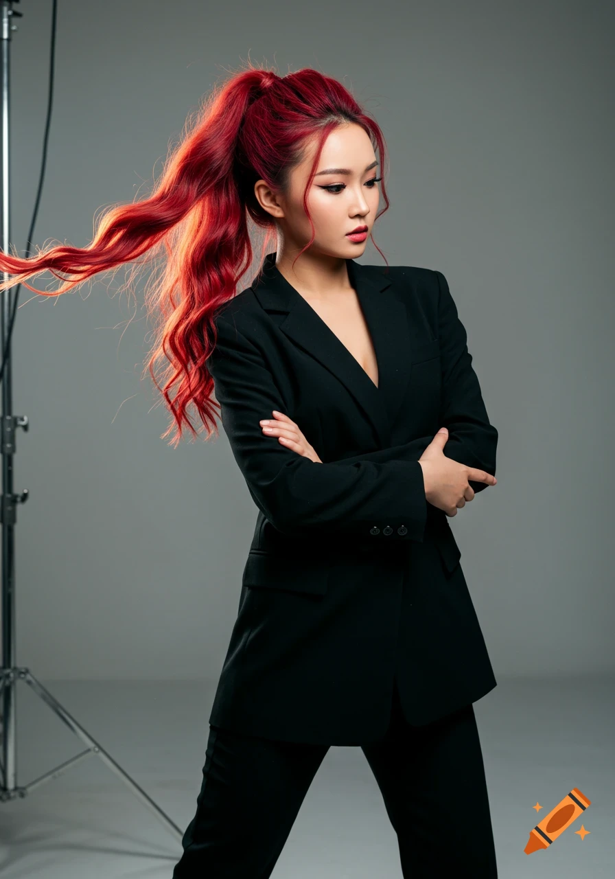 A young Asian woman with bright red hair in a high ponytail wears a black suit and poses in a studio.