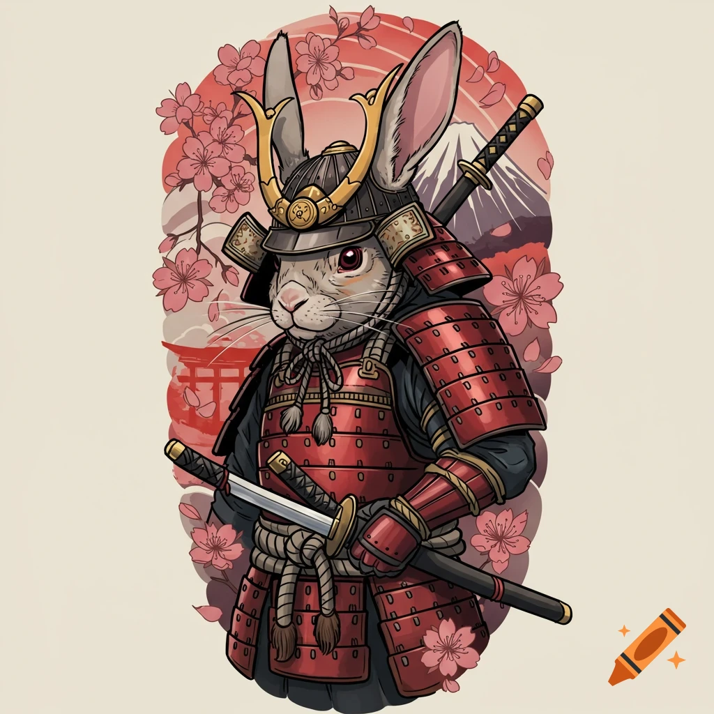 Cartoon rabbit in samurai armor holding swords with cherry blossoms and Mount Fuji in a tattoo art style.