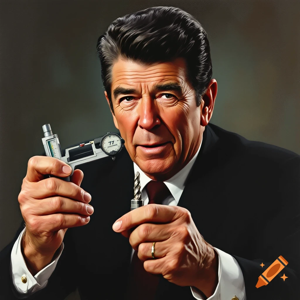 Portrait of Ronald Reagan holding a micrometer and a drill bit.