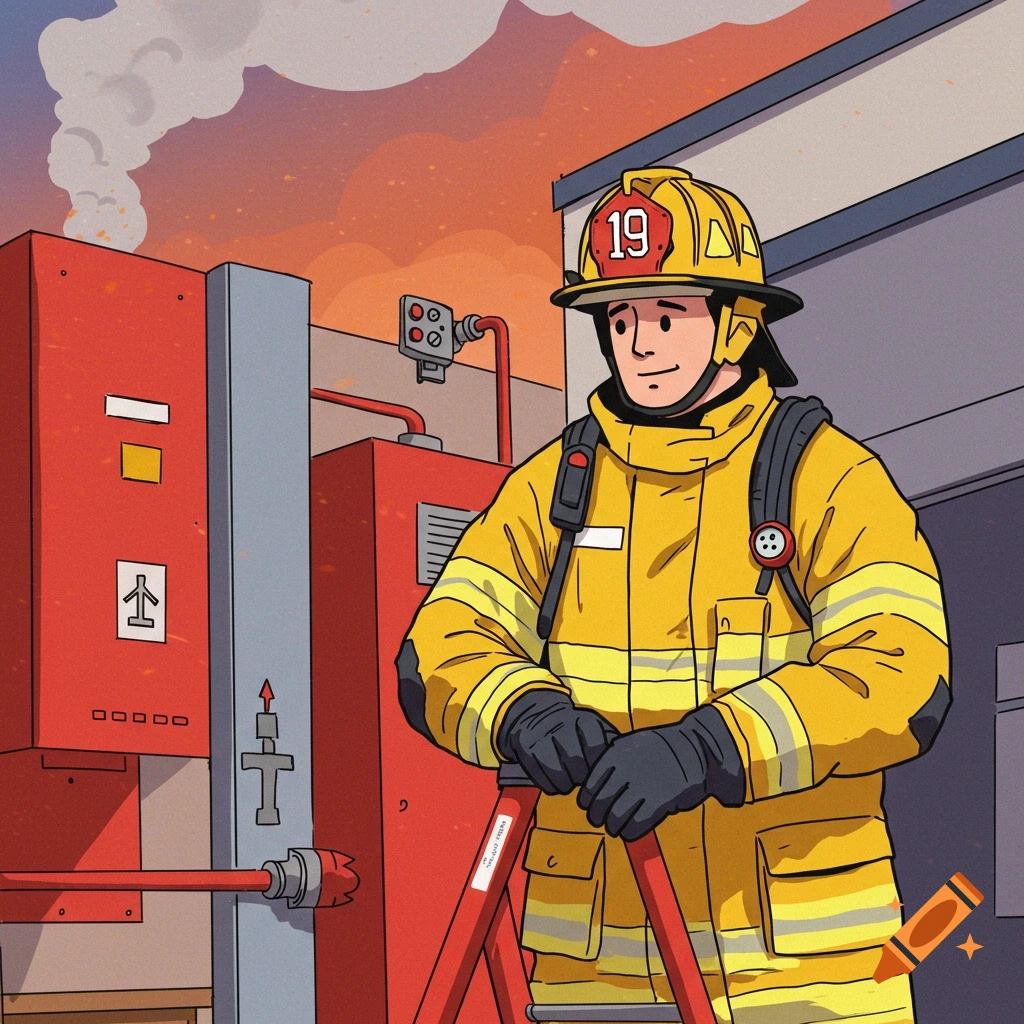 Cartoon illustration of a firefighter in yellow gear holding a ladder near buildings with smoke.