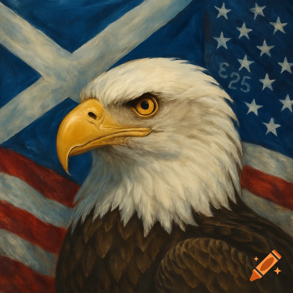 Close-up oil painting of a bald eagle's head in front of blended Scottish and American flags.