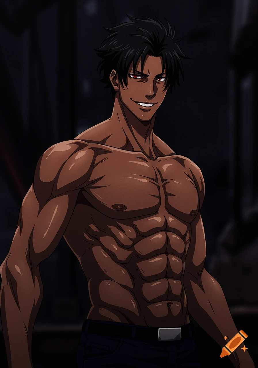A muscular anime man with dark skin, red eyes, and black hair smiles confidently, shirtless.