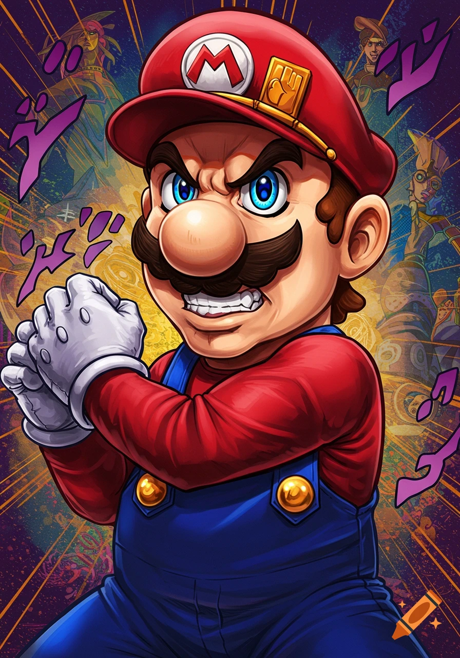 Mario in an aggressive stance in a vibrant anime style with purple symbols.