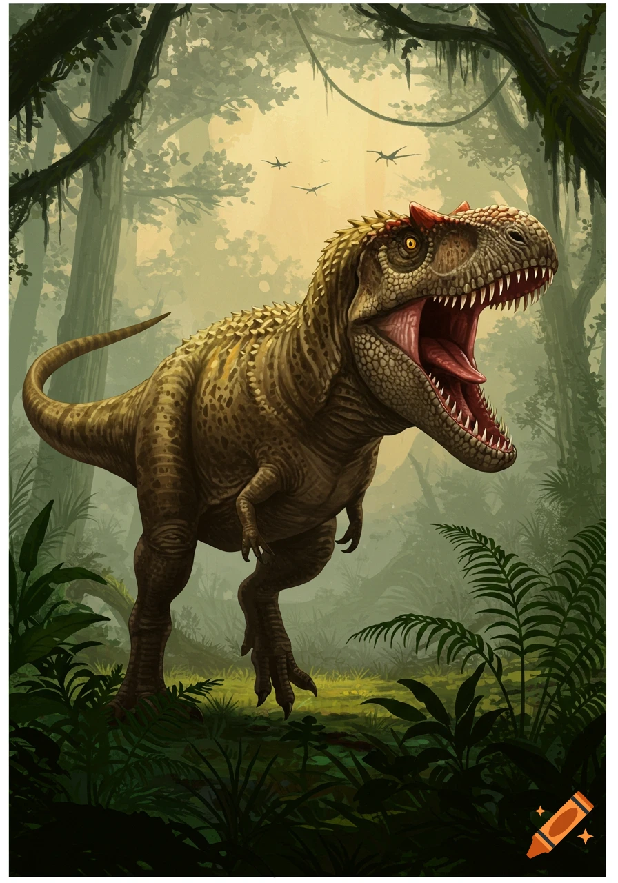 Illustration of a Carcharodontosaurus roaring in a dense prehistoric jungle.