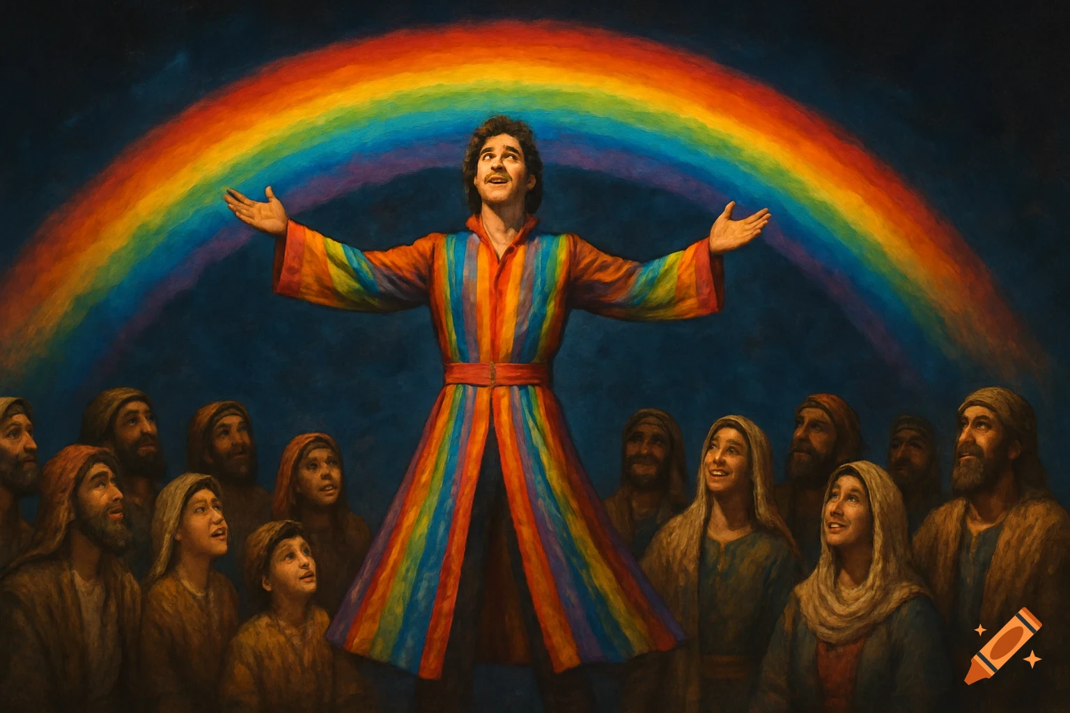 Painting of a man in a colorful coat with outstretched arms under a rainbow, surrounded by people looking up.