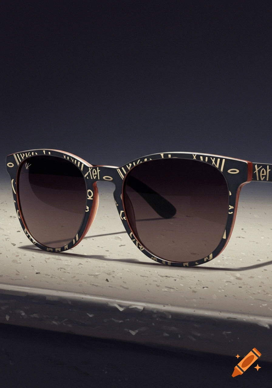 Close-up of sunglasses with decorative symbols on the frame