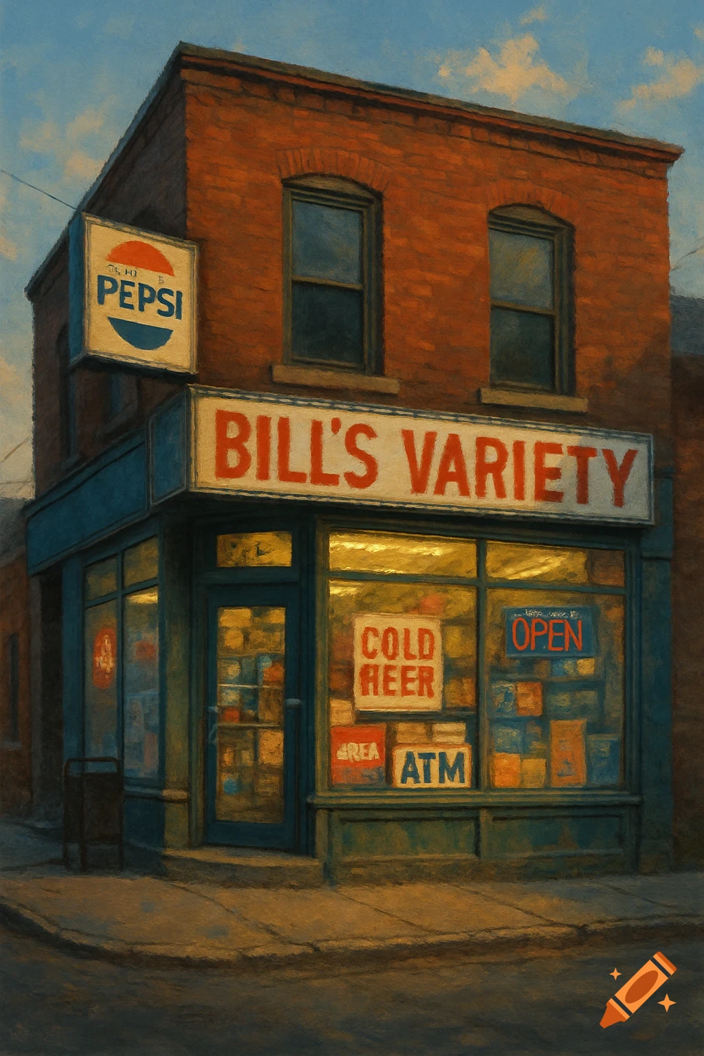 A stylized painting of a brick corner store with a "BILL'S VARIETY" sign and storefront windows.