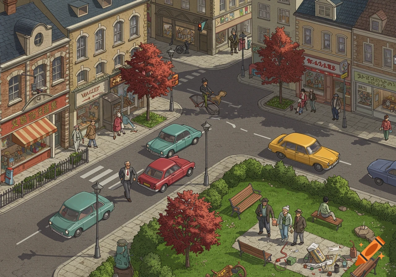 An illustration of a retro miniature city scene with people, cars, and buildings.