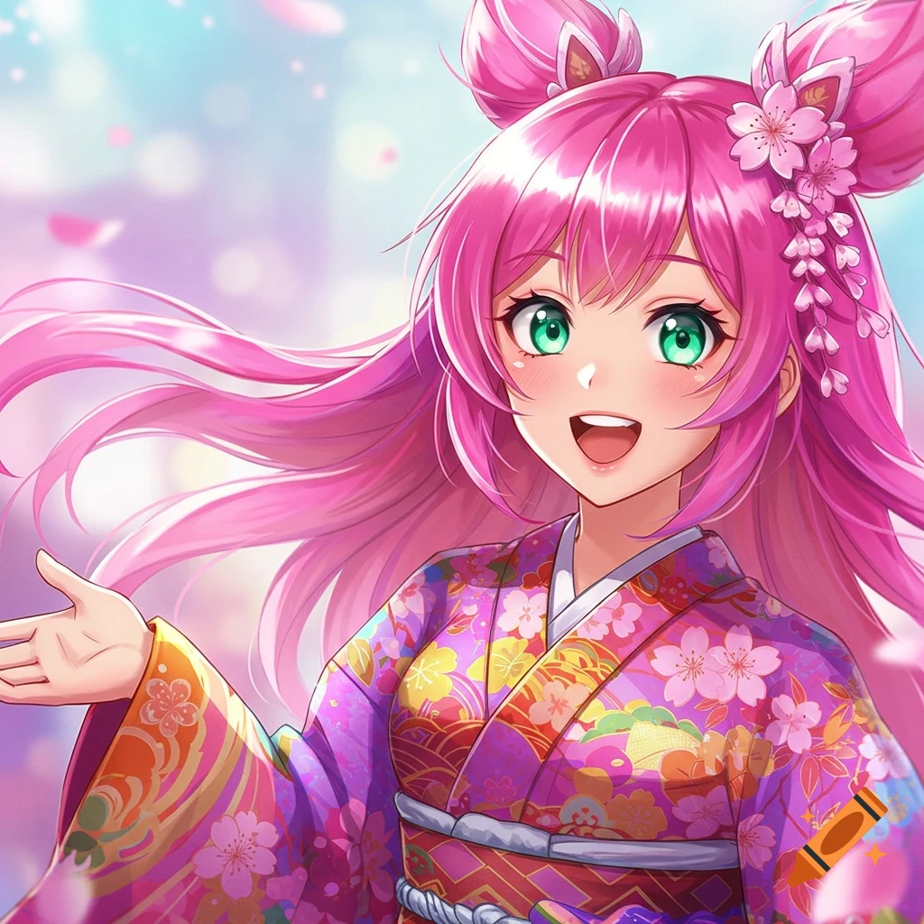 Anime girl with pink hair and green eyes in a purple kimono reaches out