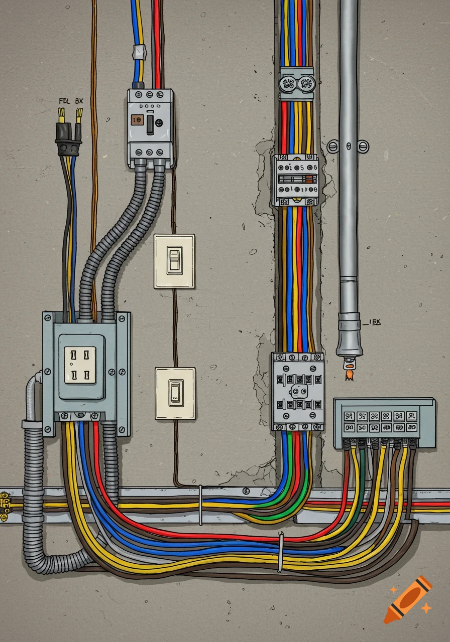 Illustration of residential electrical wiring, outlets, switches, and junction boxes on a wall.