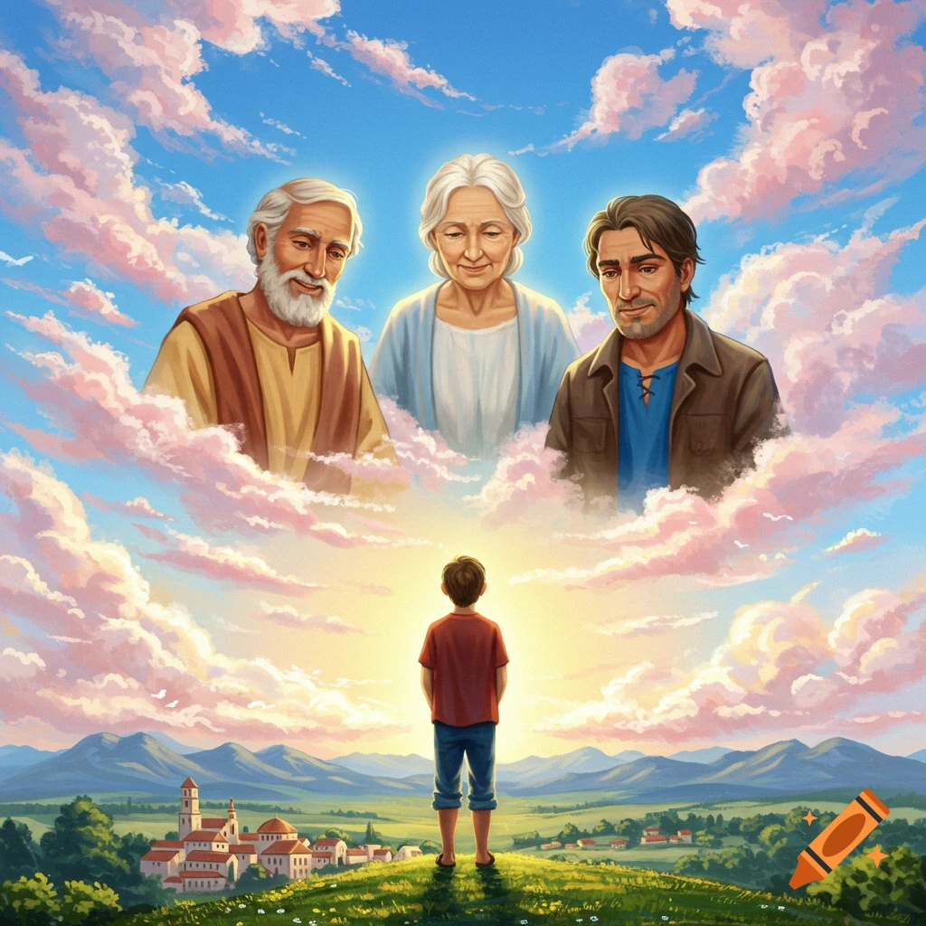 A boy looks up at three people floating in clouds above a landscape, in an illustration style.