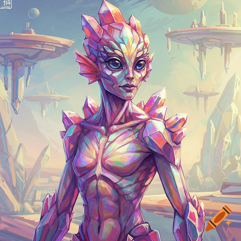 Crystalline alien humanoid in a sci-fi landscape with floating structures.