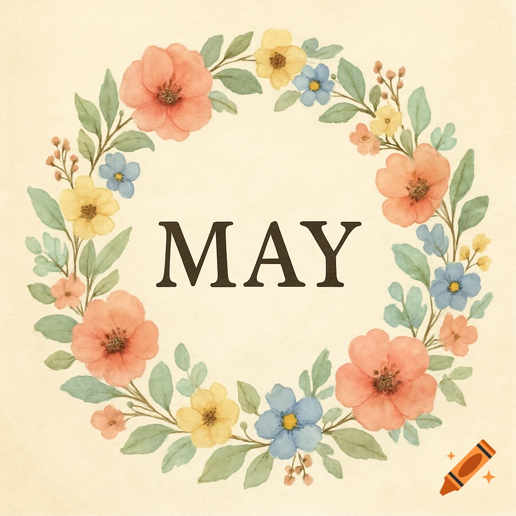 A watercolor floral wreath with red, yellow, and blue flowers and green leaves, with the word MAY in the center.