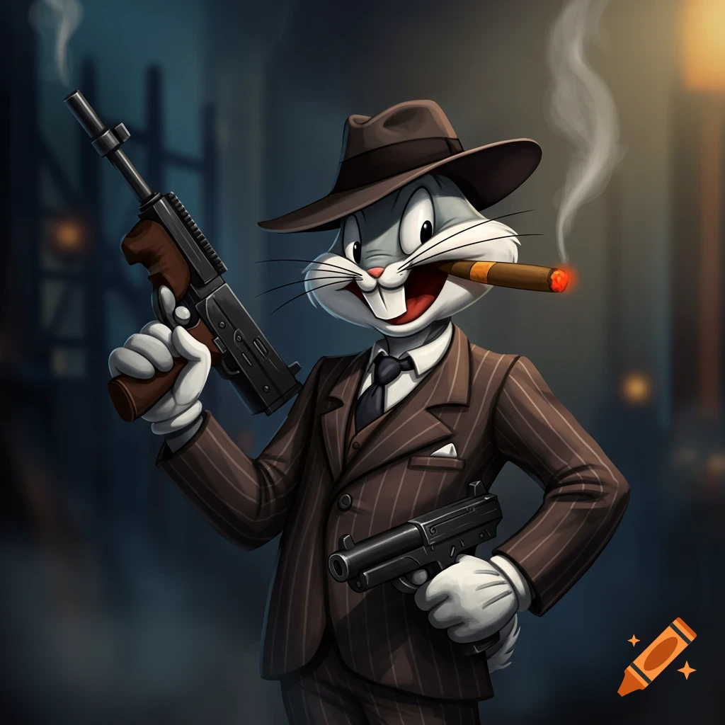 Bugs Bunny dressed as a gangster in a pinstripe suit holds a machine gun and a pistol while smoking a cigar.