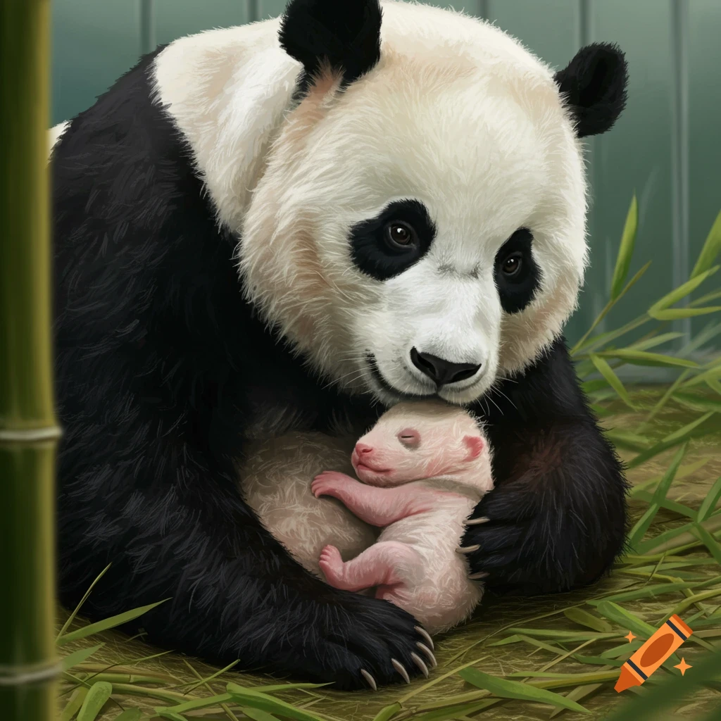 A mother panda holds a newborn baby panda.