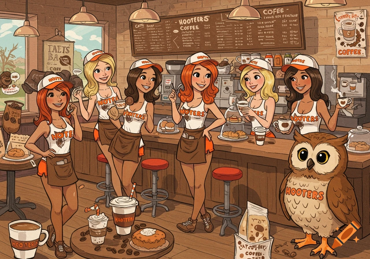Cartoon of women in Hooters-style outfits working in a coffee shop with an owl.