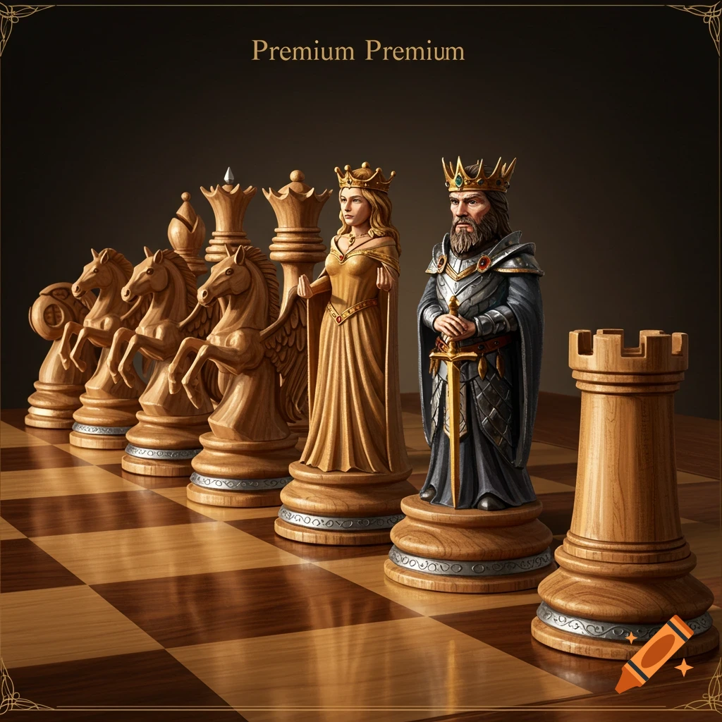 A fantasy-style wooden chess set on a chessboard, featuring intricately carved knight, queen, king, and rook pieces.