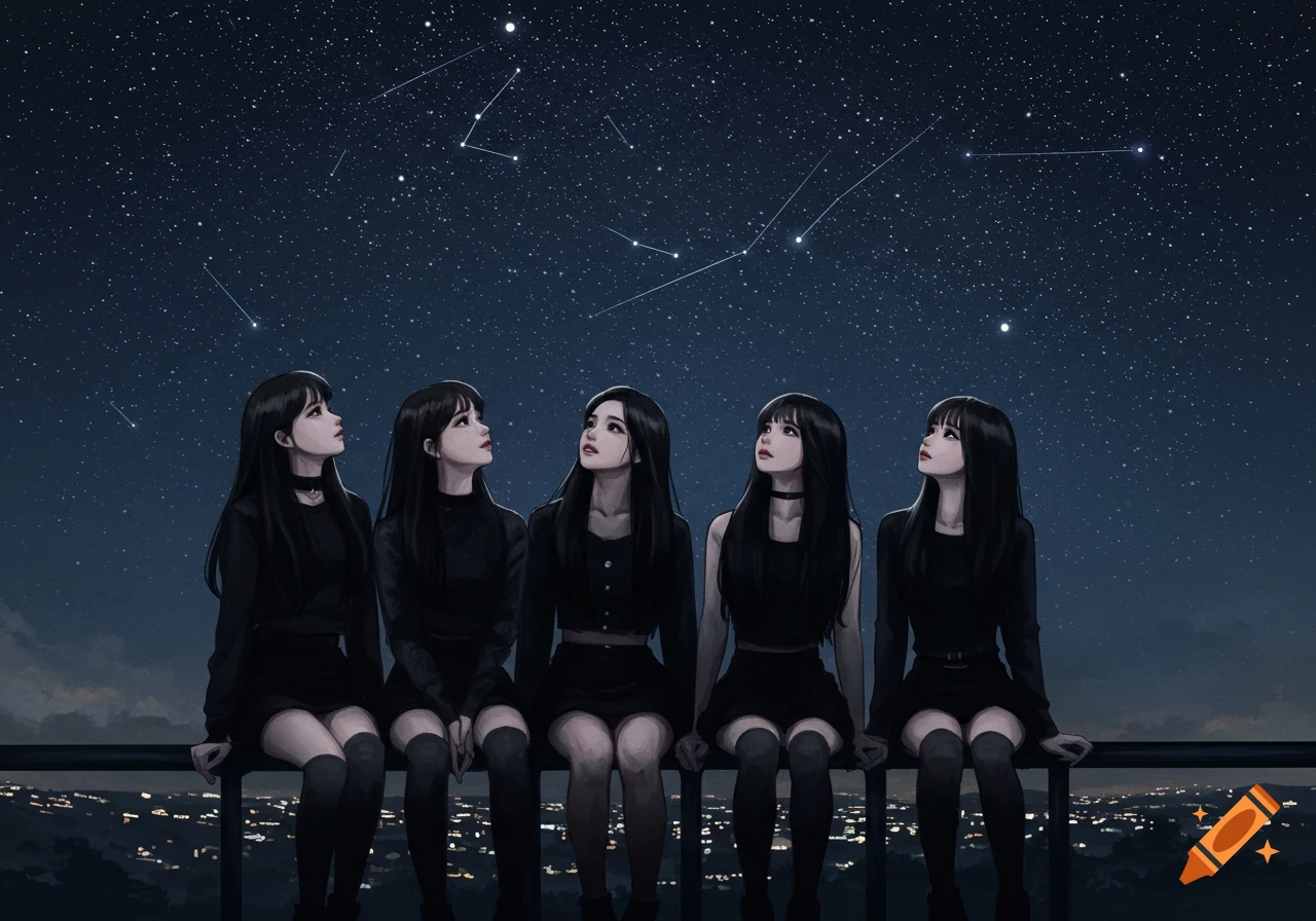 Five figures with black hair in black outfits look up at a starry night sky from a railing, digital art.