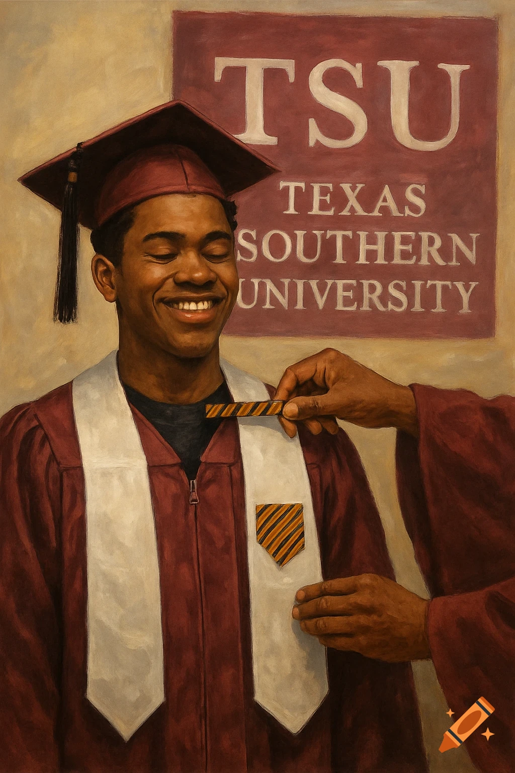 Smiling student in graduation cap and gown receives a pin, TSU banner behind them, painting style.