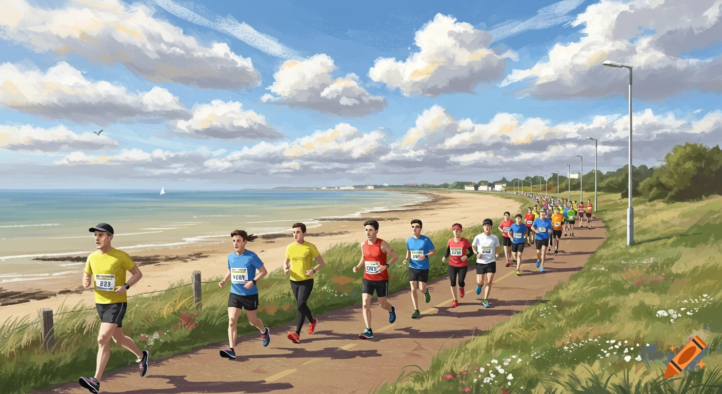 Runners in a marathon along a coastal path beside a beach under a cloudy sky, painted style.