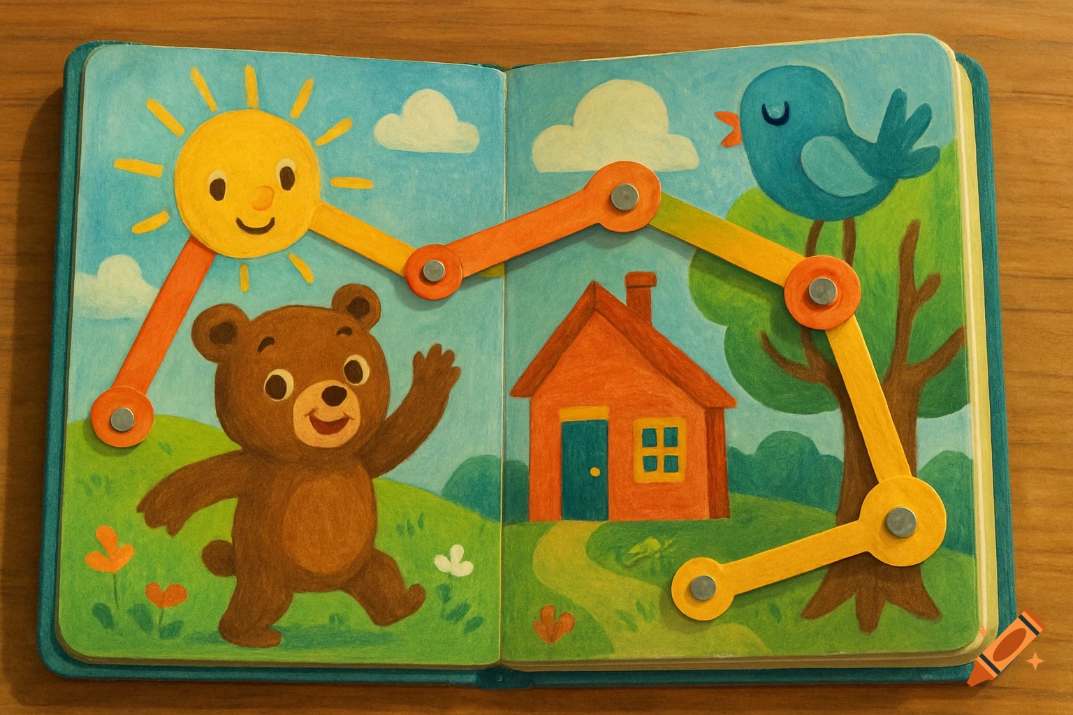 A colorful illustration in a children's book showing a bear, sun, bird, and house connected by yellow and orange mechanical linkages.