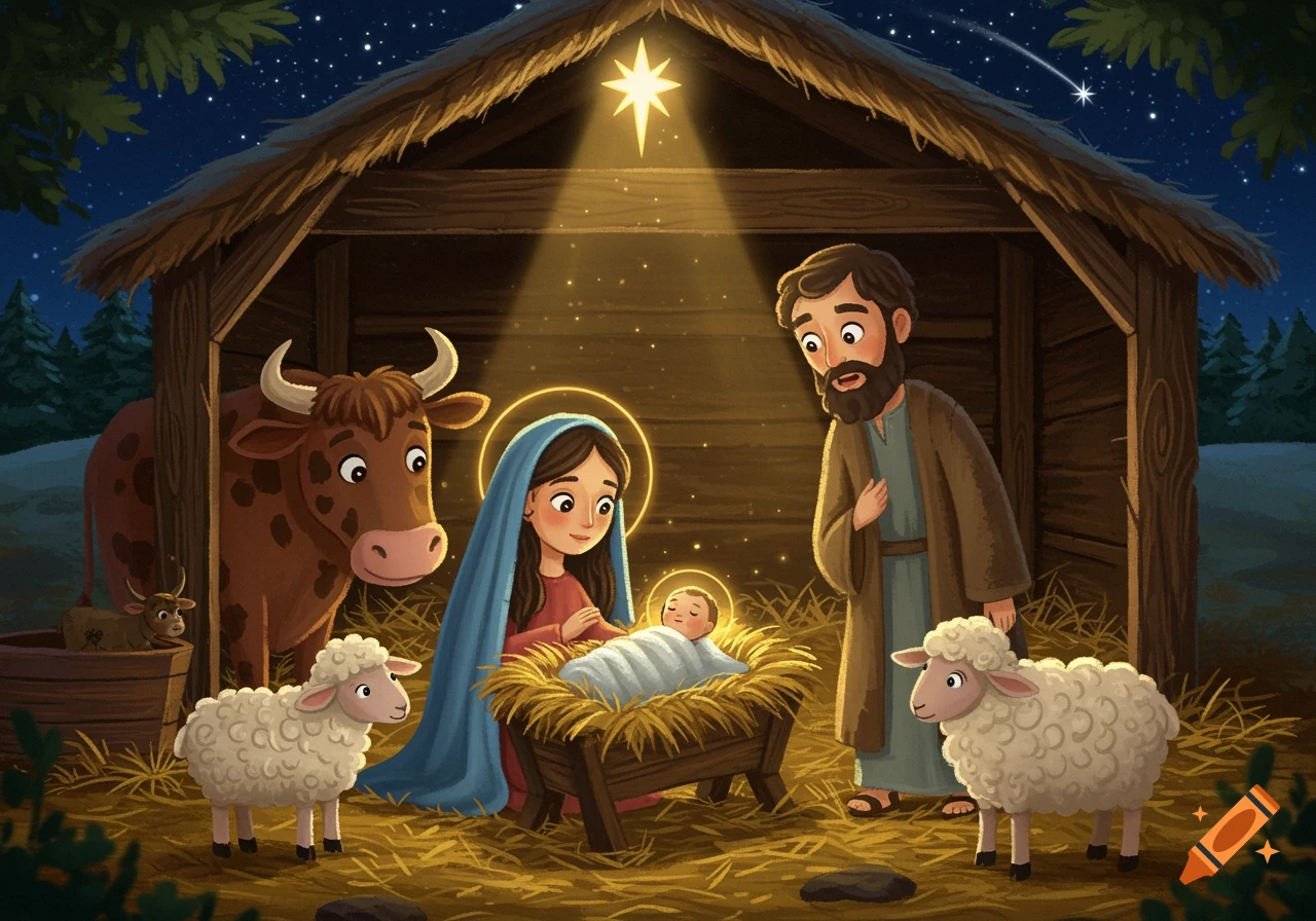 Illustration of the Christmas nativity scene with Mary, Joseph, baby Jesus in a manger, a cow, and sheep.