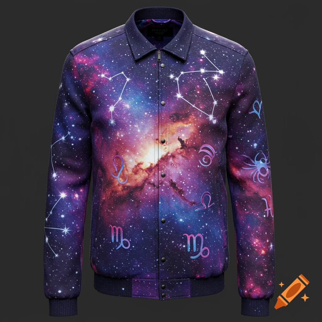 Men's bomber jacket with galaxy print and zodiac signs